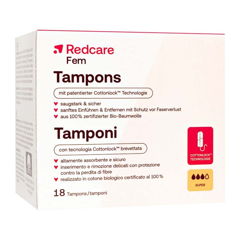 Verpackung von Redcare Fem Tampons Super. 18 Stück. Mit Cottonlock Technologie. Zertifizierte Bio-Baumwolle.