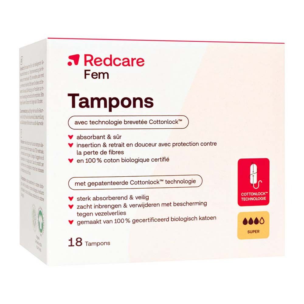 Verpackung von Redcare Fem Tampons Super. 18 Stück. Mit Cottonlock Technologie. Zertifizierte Bio-Baumwolle.