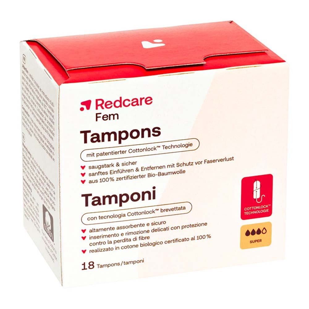 Verpackung von Redcare Fem Tampons Super. 18 Stück. Mit Cottonlock Technologie. Zertifizierte Bio-Baumwolle.