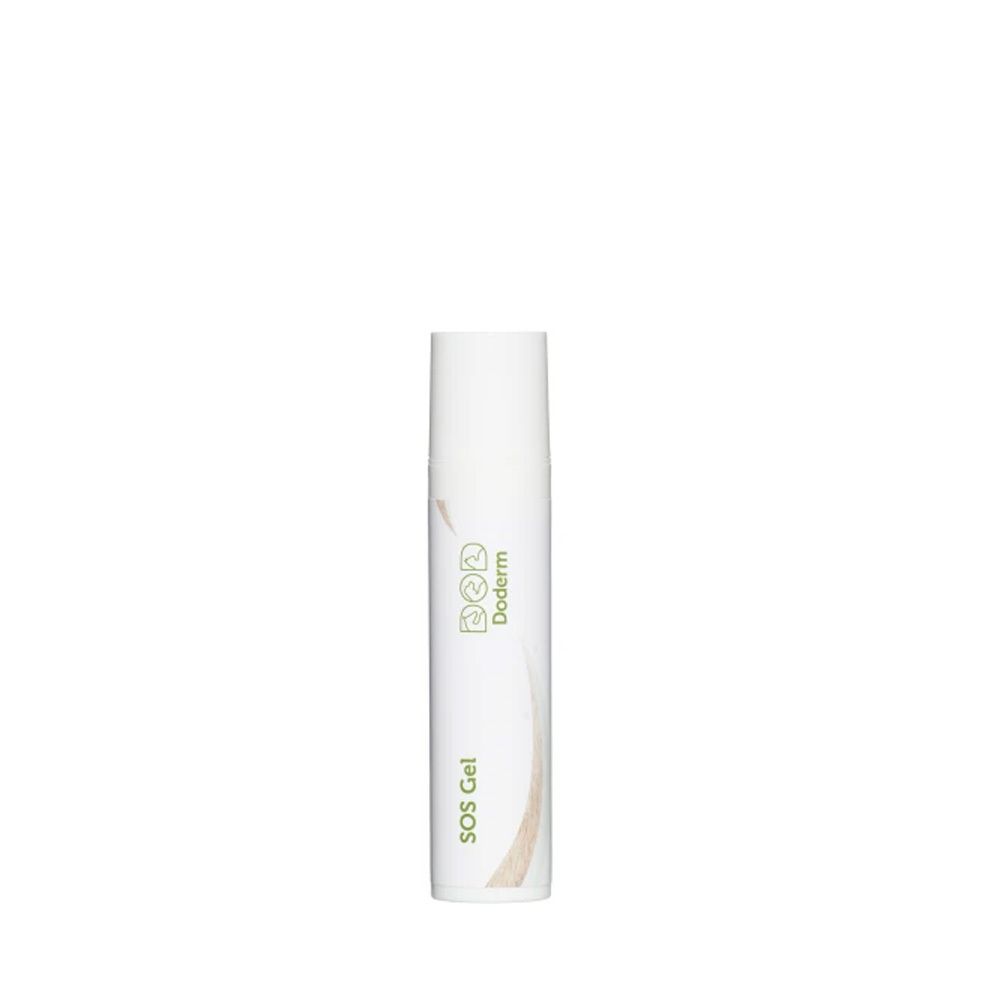 Weiße Tube mit grünem Logo und Schriftzug "Doderm". Aufschrift "SOS Gel".