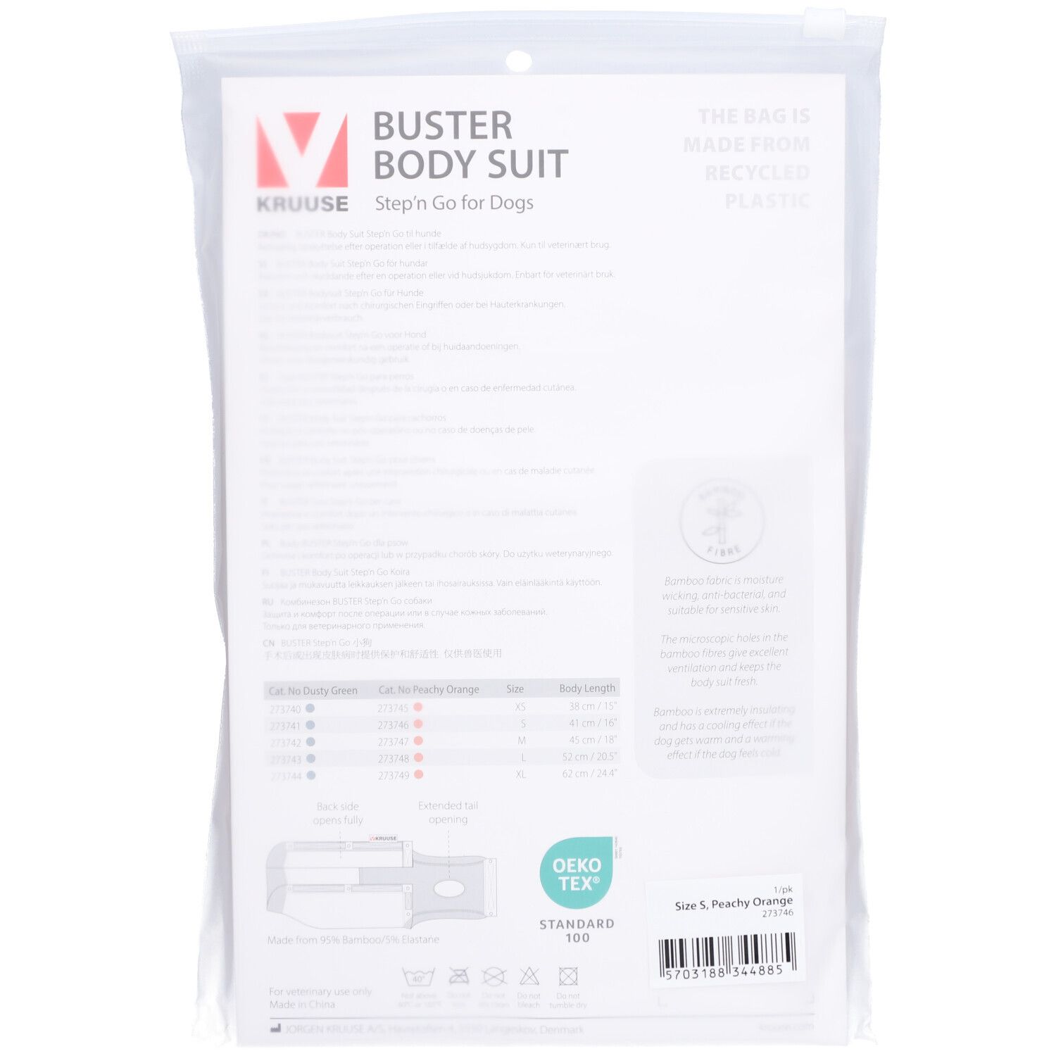 Dos de l'emballage du BUSTER Body Suit. Texte, tableau des tailles, symboles de lavage, certification OEKO-TEX.