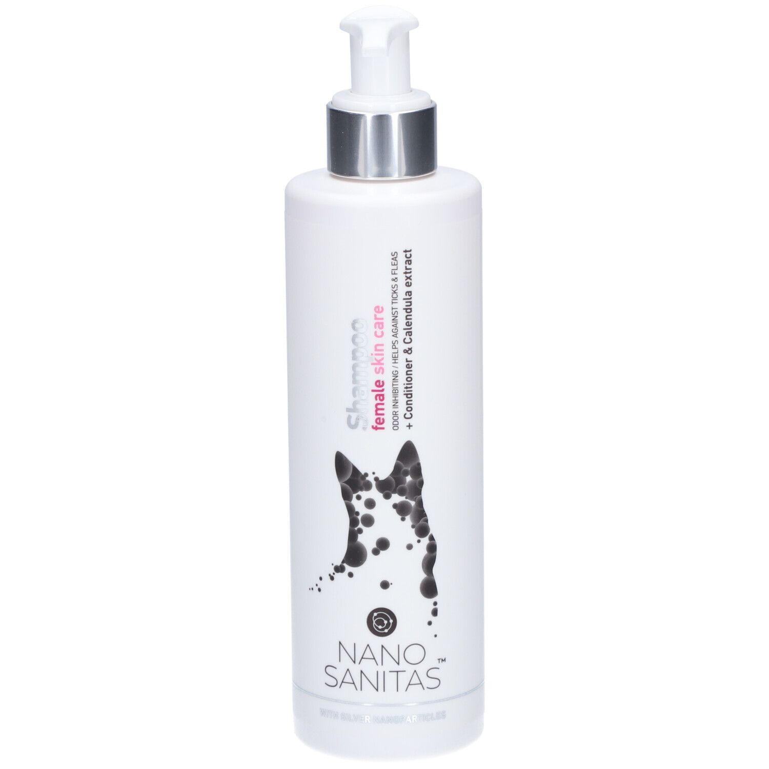Weiße Flasche mit Pumpverschluss. Aufschrift: Shampoo female skin care. Logo: Hund mit Flecken. Marke: Nano Sanitas.