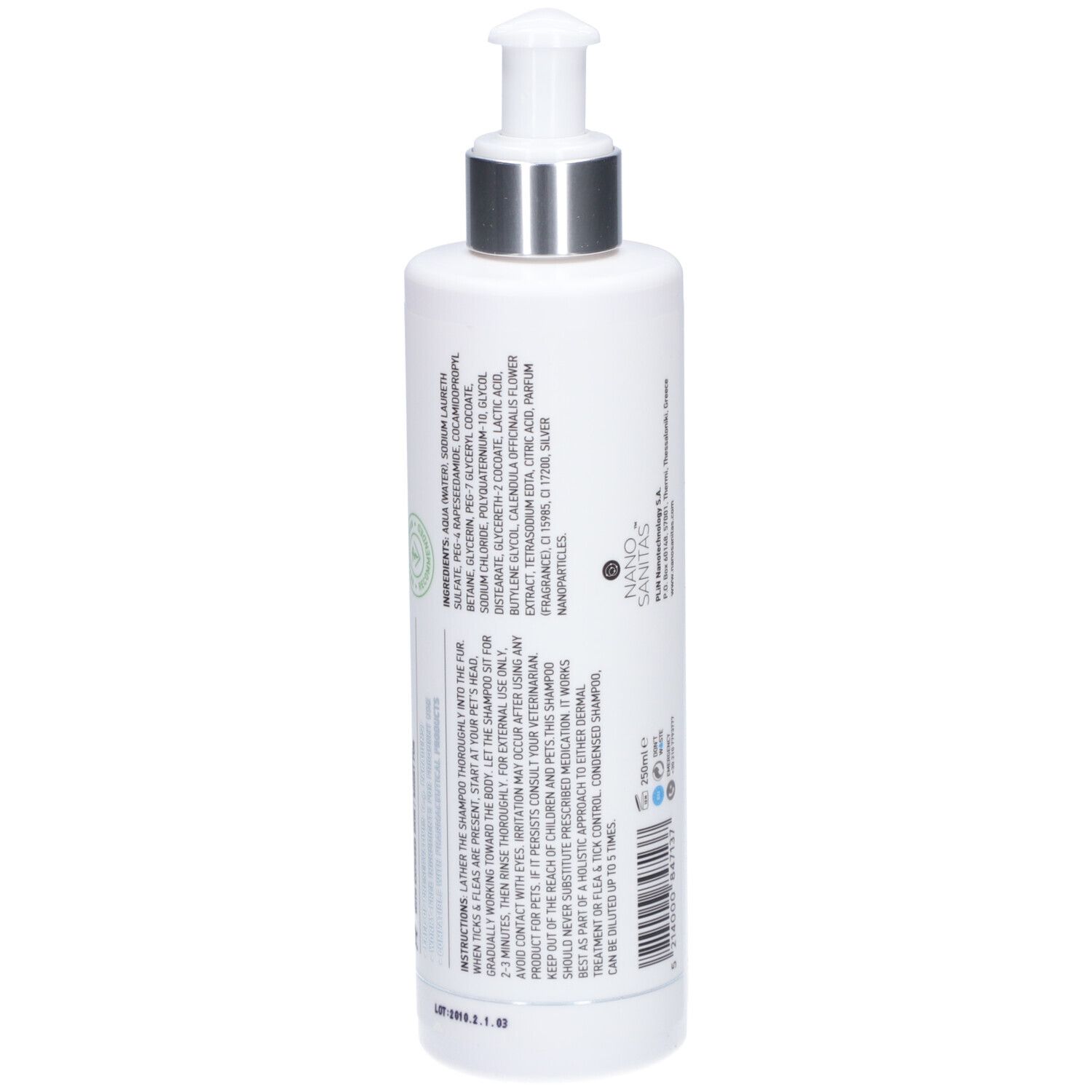 Weiße Flasche mit Pumpverschluss. Rückseite mit Text. Inhaltsstoffe und Anwendungshinweise. Marke: Nano Sanitas.