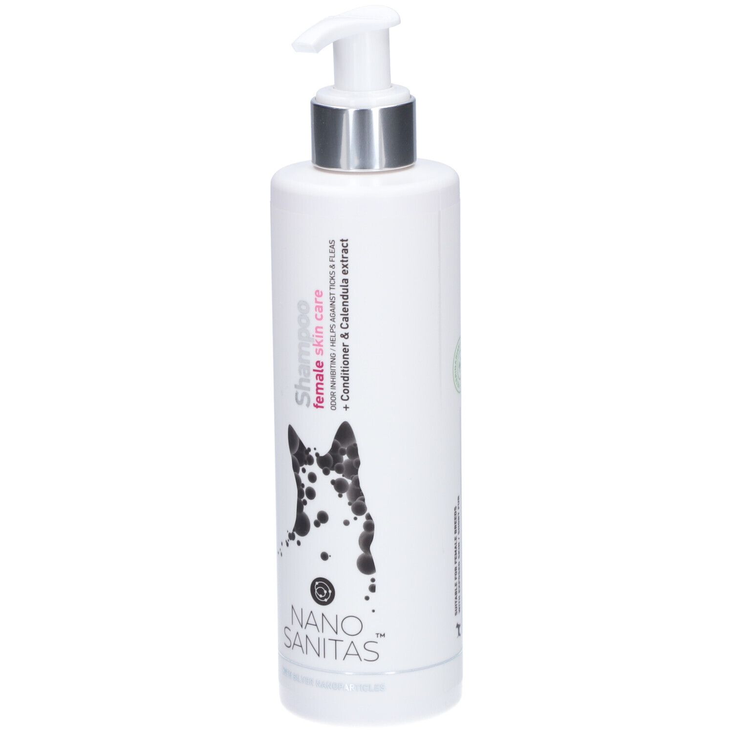Weiße Flasche mit Pumpverschluss. Aufschrift: Shampoo female skin care. Logo: Hund mit Flecken. Marke: Nano Sanitas.