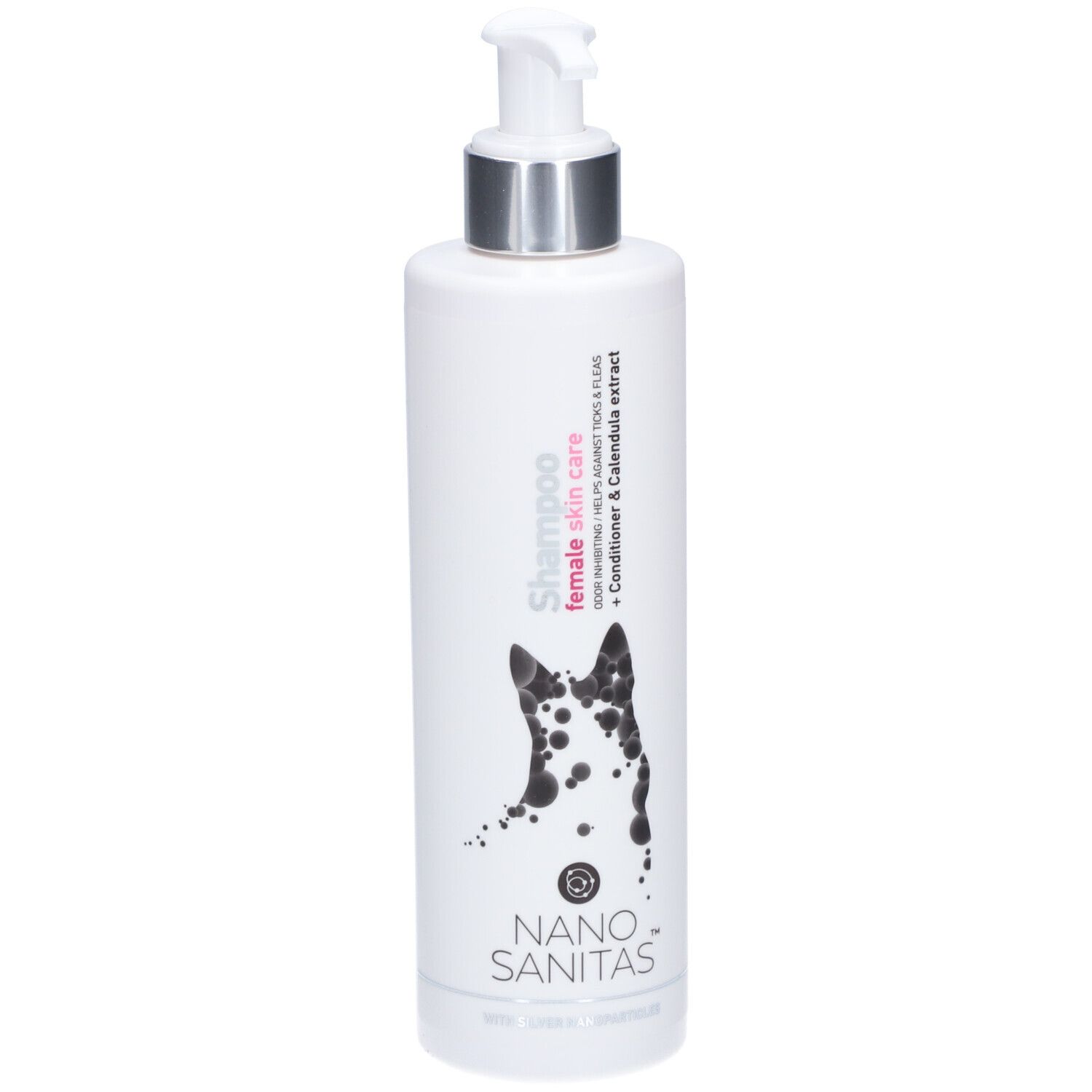 Weiße Flasche mit Pumpverschluss. Aufschrift: Shampoo female skin care. Logo: Hund mit Flecken. Marke: Nano Sanitas.