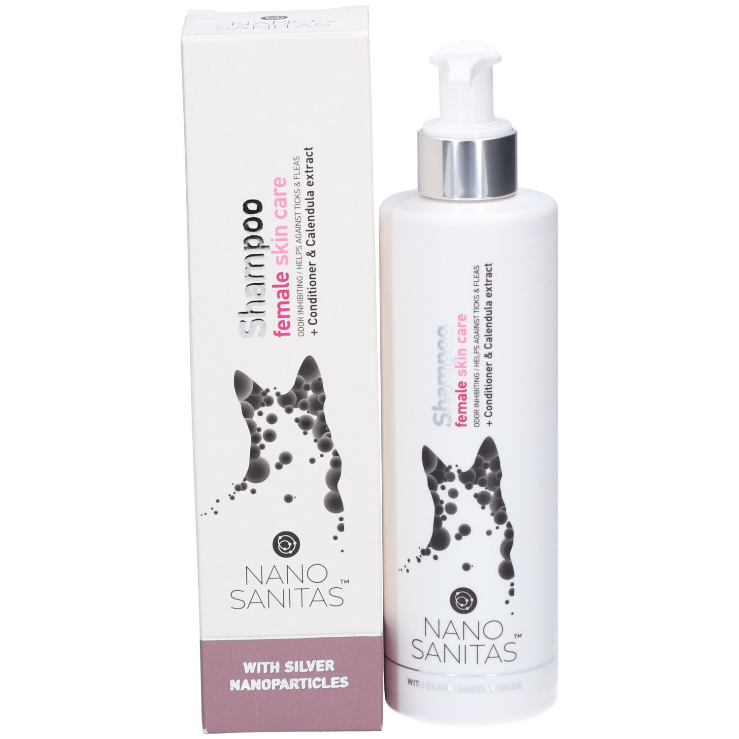 Produktverpackung mit Flasche und Karton. Aufschrift: Shampoo female skin care. Logo: Hund mit Flecken. Marke: Nano Sanitas.