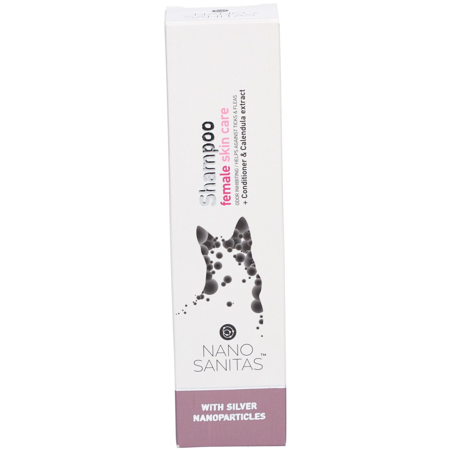 Produktverpackung. Aufschrift: Shampoo female skin care. Logo: Hund mit Flecken. Marke: Nano Sanitas. Mit Silber-Nanopartikeln.