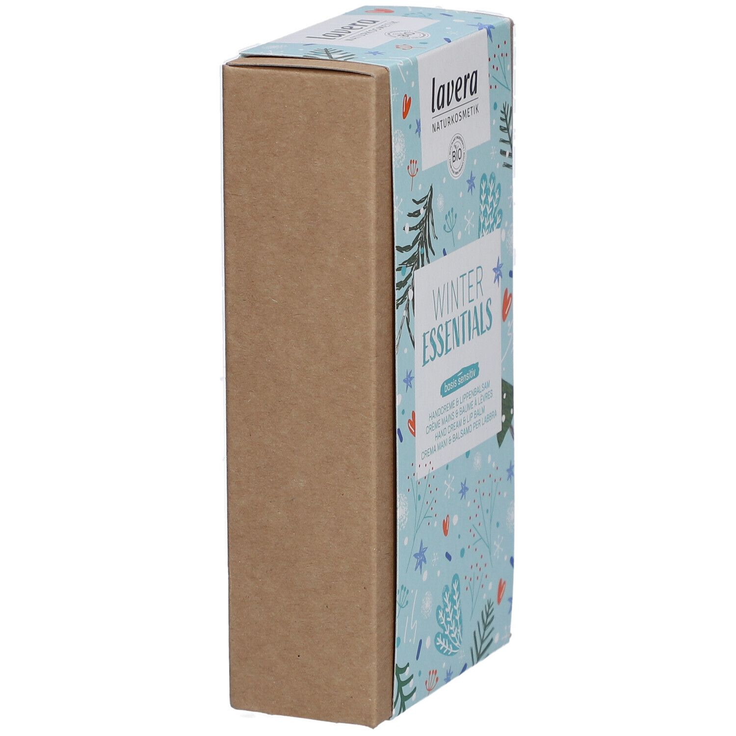 Boîte 'Winter Essentials' lavera, vue latérale. Couvercle bleu clair avec motifs hivernaux, côtés bruns. Crème mains et baume à lèvres.