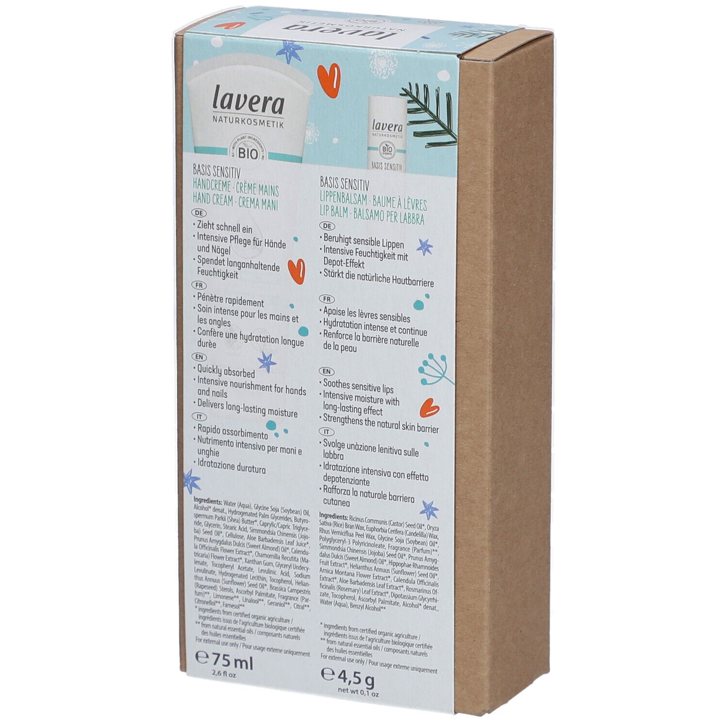 Dos de la boîte 'Winter Essentials' lavera. Texte en allemand, français, italien. Contient crème mains et baume à lèvres.