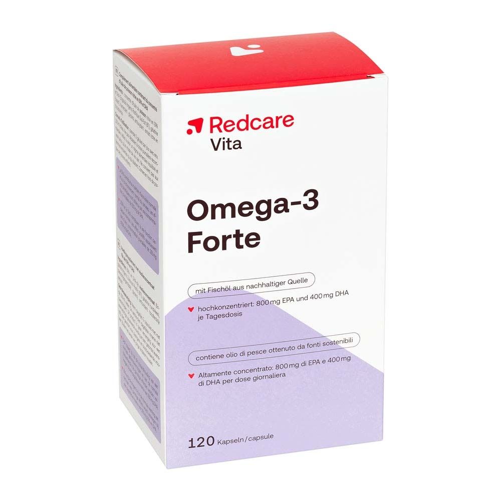 Weißer Karton mit rotem Logo und Produktnamen. 120 Kapseln. Text: Omega-3 Forte.
