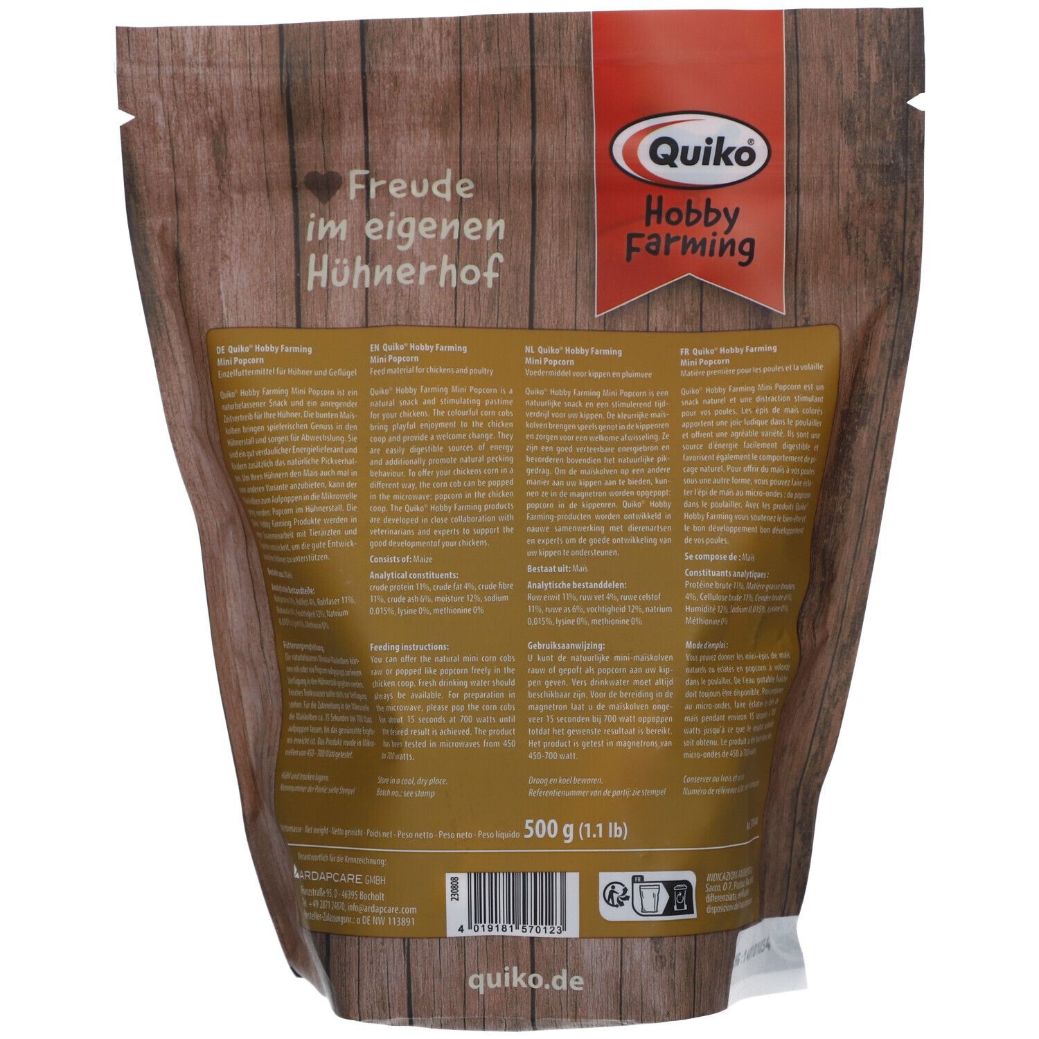 Dos du paquet de Mini Popcorn QUIKO Hobby Farming. Texte, logo et informations produit. 500g (1.1 lb).