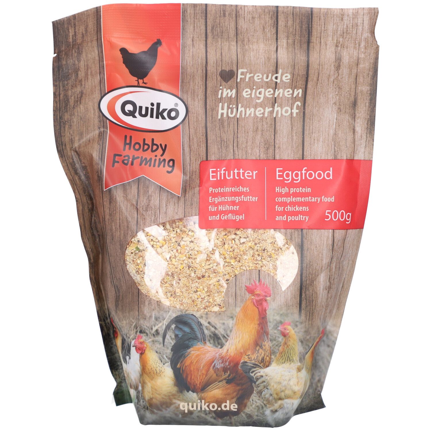 Verpackung von QUIKO Hobby Farming Eifutter. Logo, Text: Eifutter, Eggfood, 500g. Abbildung von Hühnern und Hähnen.