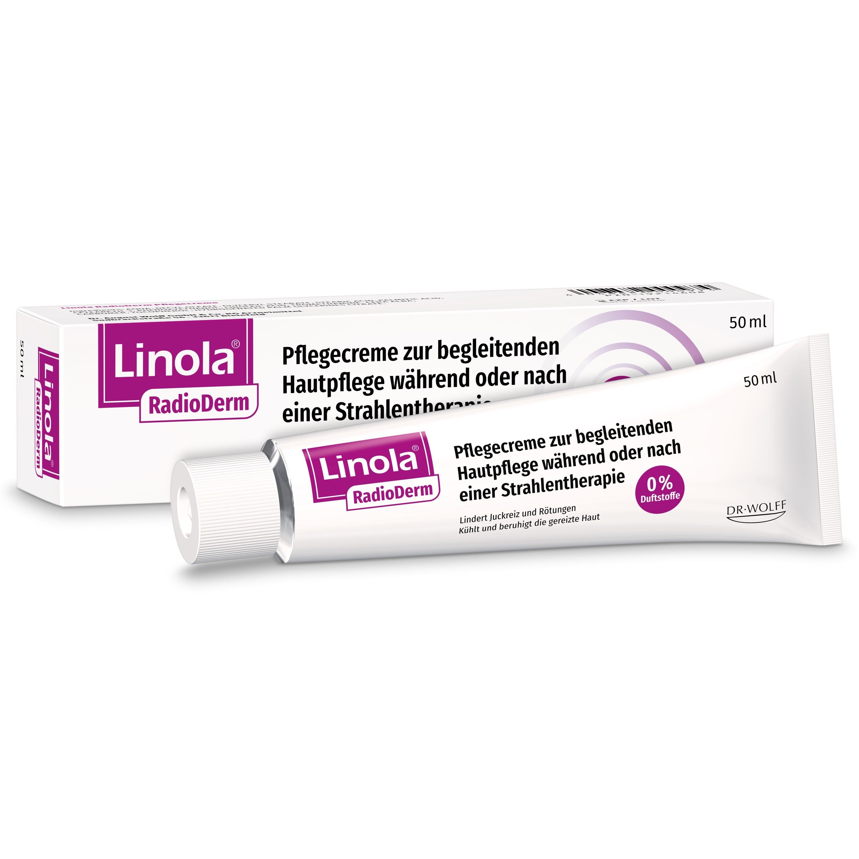 Tube et emballage de crème. Blanc, avec des accents violets. Texte : Linola RadioDerm, crème de soin.