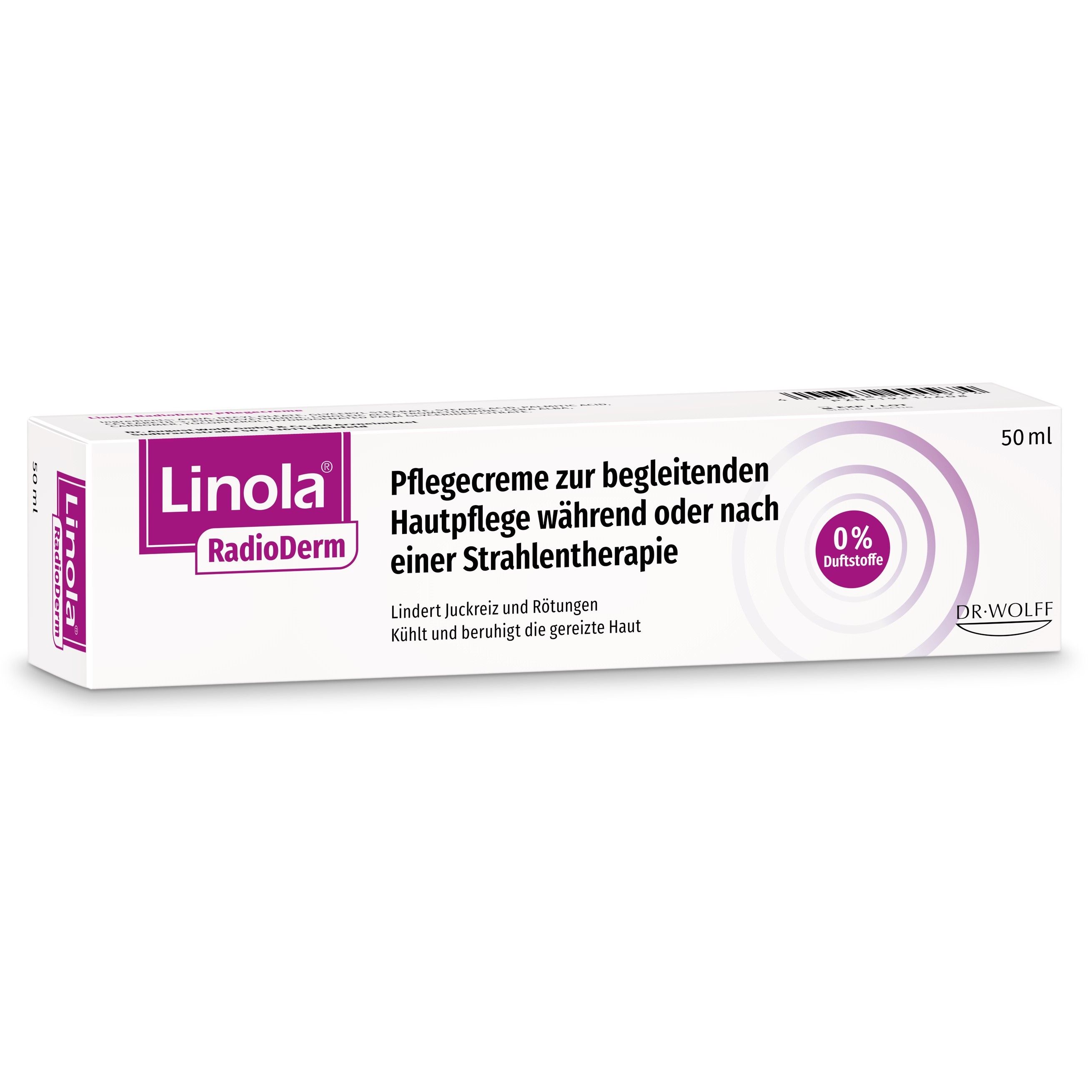 Emballage de la crème. Blanc avec des accents violets. Texte : Linola RadioDerm, crème de soin, 0% parfum.