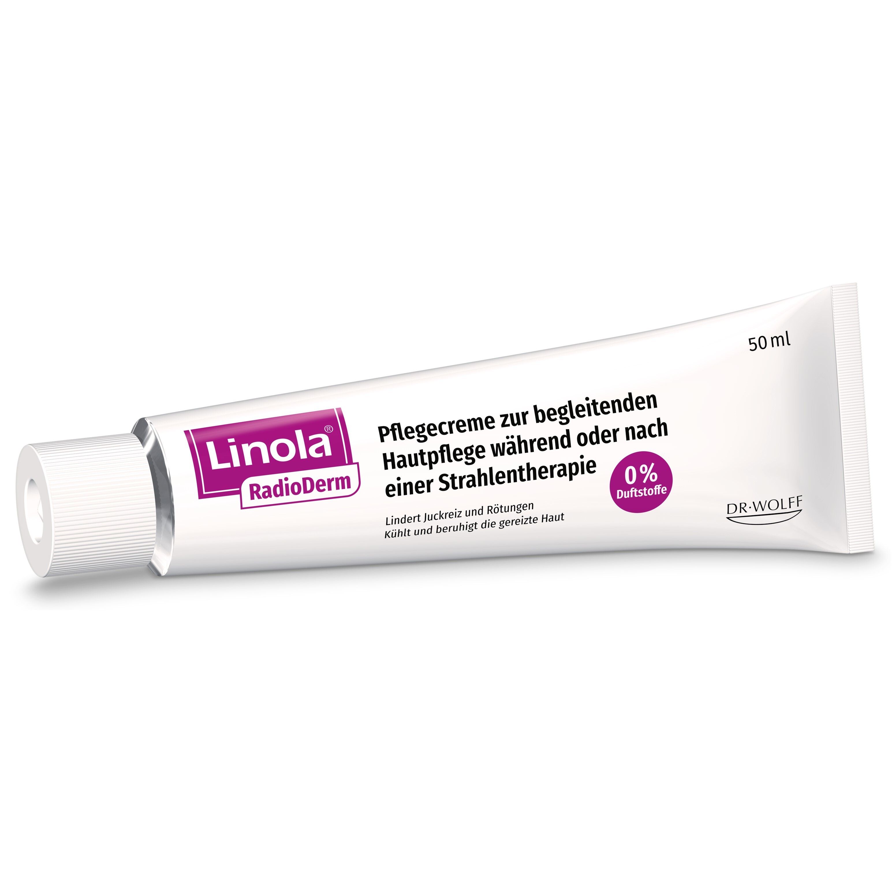 Tube de crème. Blanc avec des accents violets. Texte : Linola RadioDerm, crème de soin, 0% parfum.