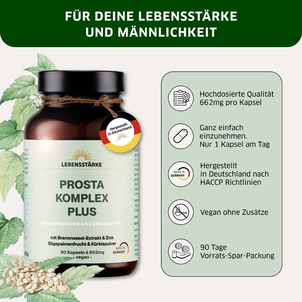 Flacon brun avec capsules. Texte : PROSTA KOMPLEX PLUS. 90 capsules. Vegan. Fabriqué en Allemagne. Informations.