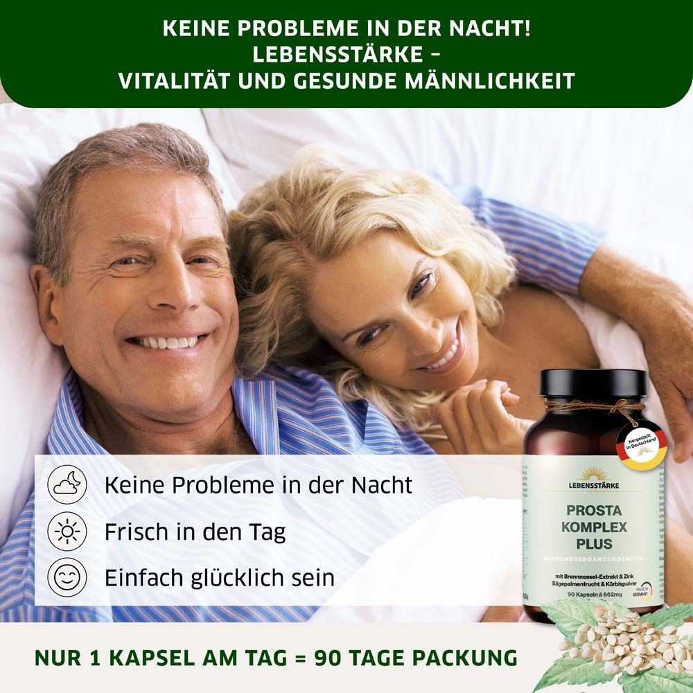 Couple au lit. Flacon PROSTA KOMPLEX PLUS. Texte : Pas de problèmes la nuit, frais le jour, être heureux.