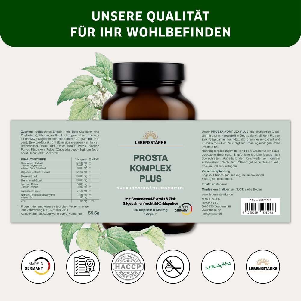 Flacon PROSTA KOMPLEX PLUS. Liste des ingrédients et informations nutritionnelles. Vegan. Fabriqué en Allemagne. HACCP.