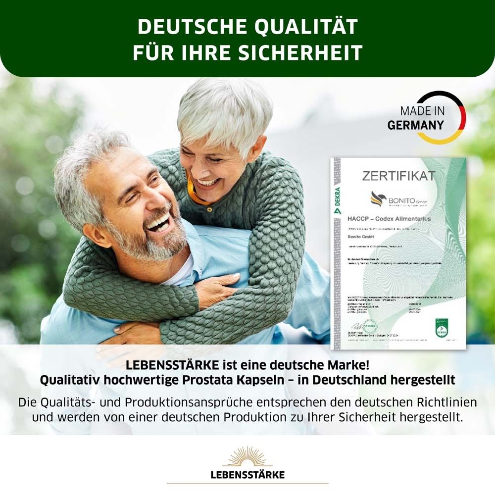 Couple âgé s'embrassant. Certificat. Texte : Marque allemande, gélules de haute qualité, fabriquées en Allemagne.