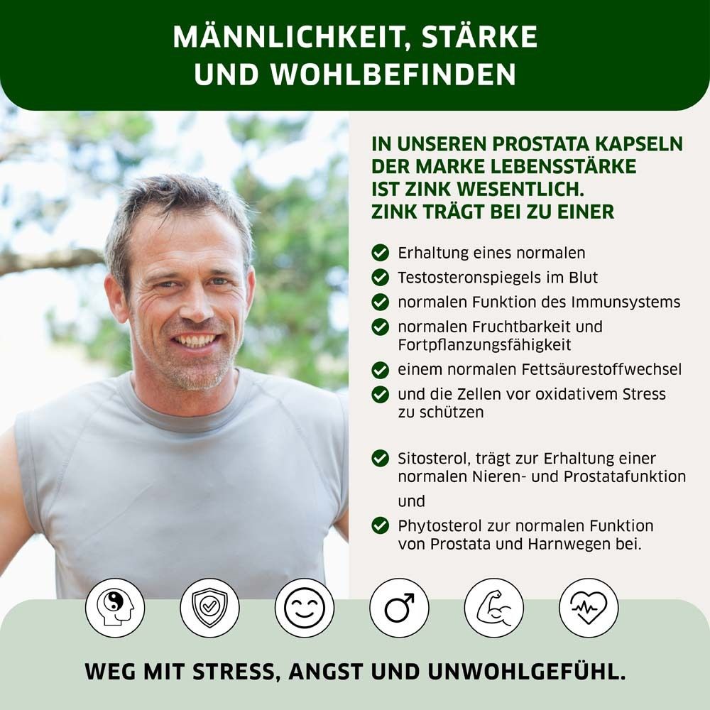 Homme souriant. Texte : Le zinc contribue à un taux normal de testostérone, à une fonction immunitaire normale, etc.