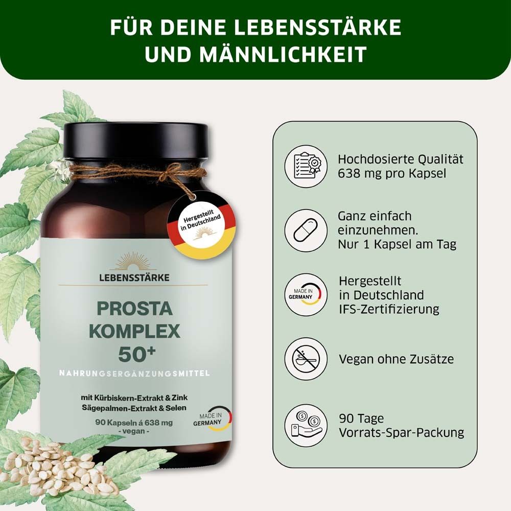 Flacon brun avec capsules. Texte: LEBENSSTÄRKE PROSTA KOMPLEX 50+. Informations sur les ingrédients et certifications.
