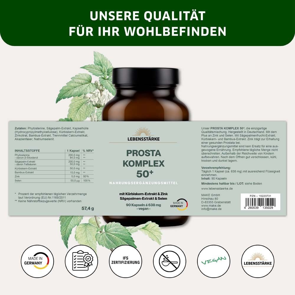 Flacon brun avec capsules. Inscription: LEBENSSTÄRKE PROSTA KOMPLEX 50+. Dos avec ingrédients et certifications.