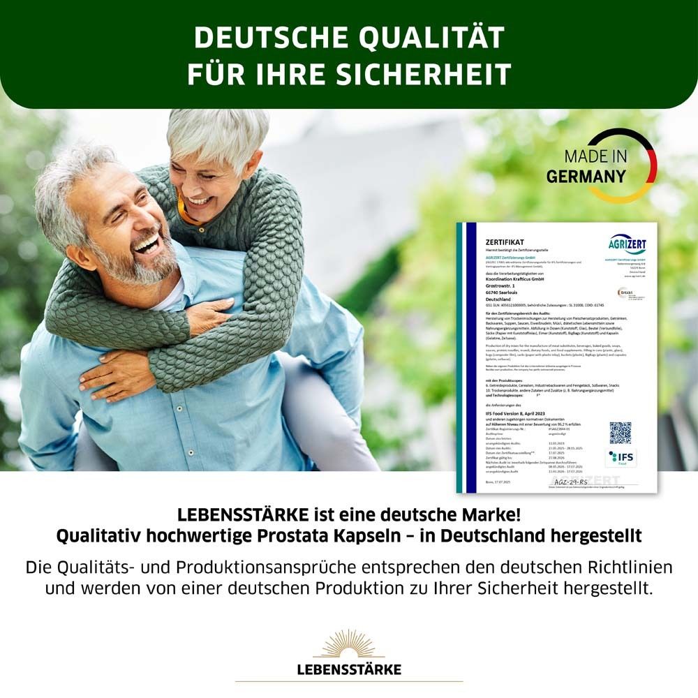 Homme sur les épaules. Certificat. Texte: LEBENSSTÄRKE est une marque allemande. Capsules de qualité fabriquées en Allemagne.