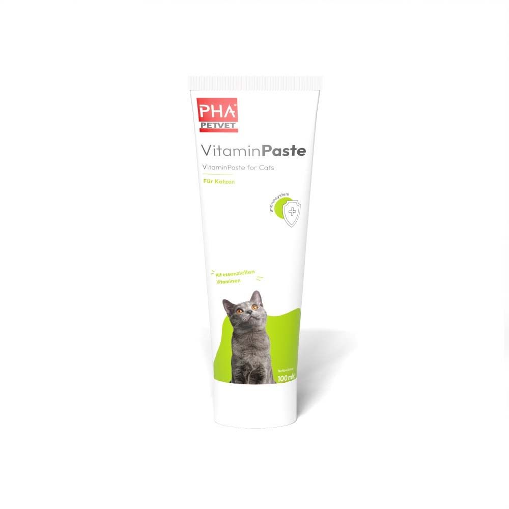 Weiße Tube mit PHA PETVET VitaminPaste für Katzen. Aufdruck: Produktname, Katze, grünes Logo. Unten: 100ml.