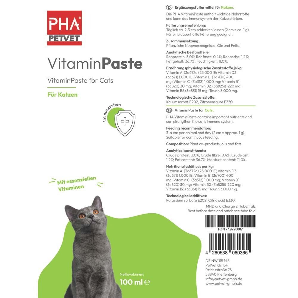 Weiße Tube mit PHA PETVET VitaminPaste für Katzen. Aufdruck: Produktname, Katze, grünes Logo. Unten: 100 ml.