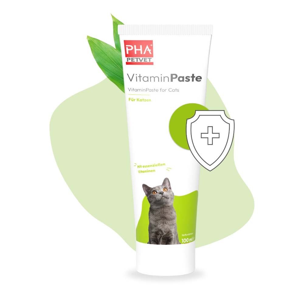 Weiße Tube mit PHA PETVET VitaminPaste für Katzen. Aufdruck: Produktname, Katze, grünes Logo. Unten: 100 ml.