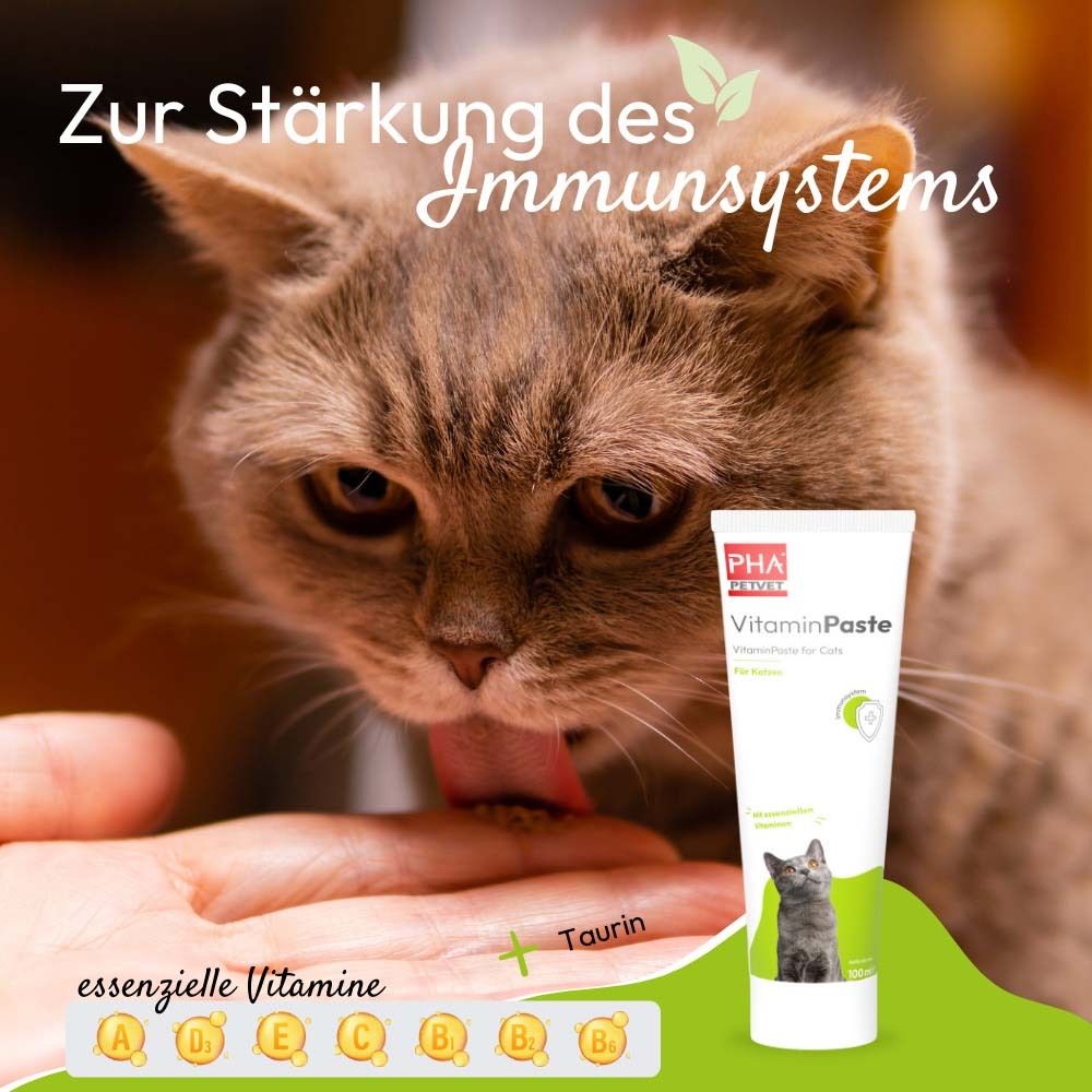 Katze leckt Paste von Hand. Aufdruck: Vitaminpaste, essenzielle Vitamine, Taurin.