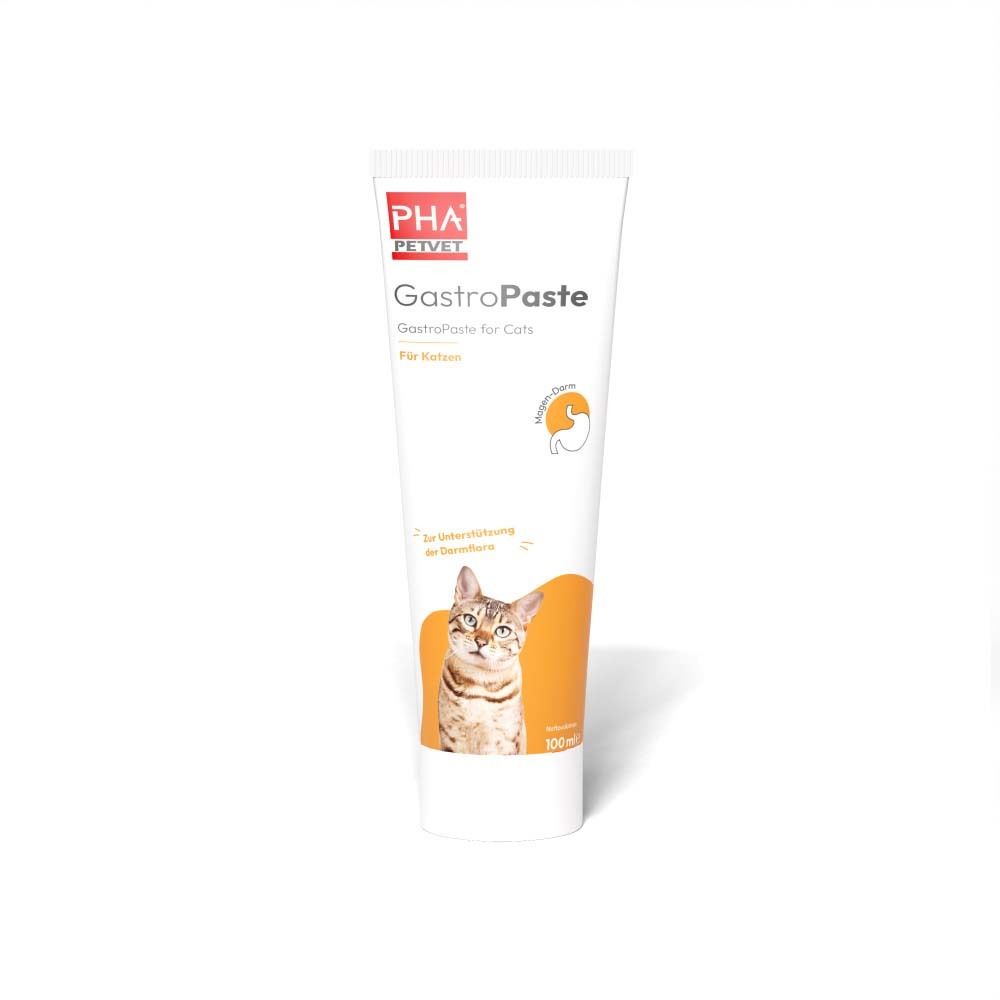 Tube blanche PHA PetVet GastroPaste pour chats. Accents orange. Chat illustré. Texte: GastroPaste.