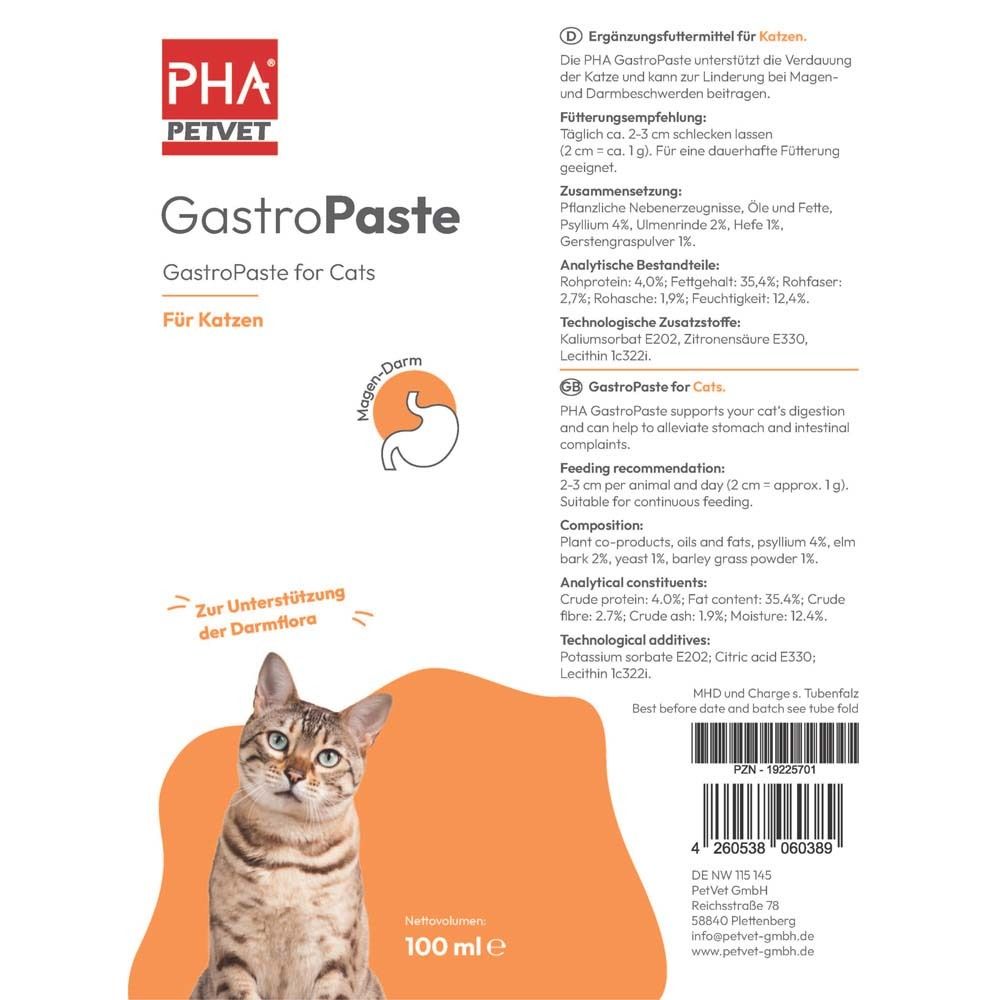 Emballage du produit avec texte et chat. Texte: PHA PetVet GastroPaste pour chats. Fond orange. 100 ml.