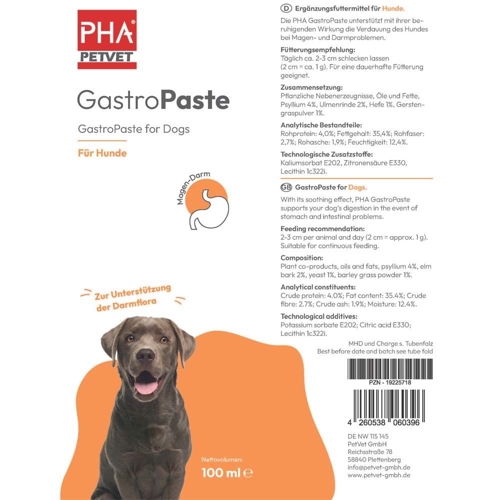 Tube blanc avec inscription PHA PetVet GastroPaste pour chiens. Texte et image d'un chien. Fond orange.