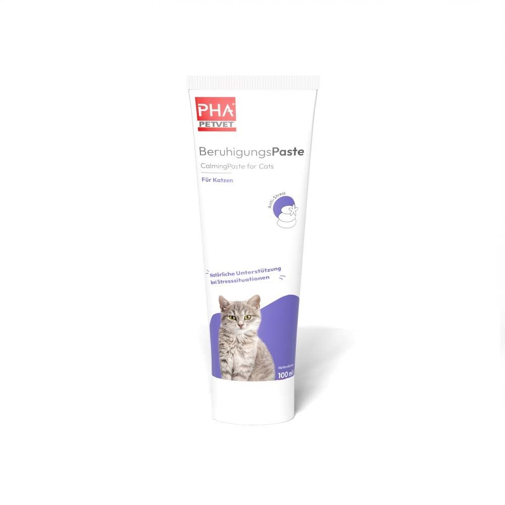 Weiße Tube mit Produktnamen und Katzenabbildung. Text: BeruhigungsPaste, CalmingPaste for Cats. 100 ml.