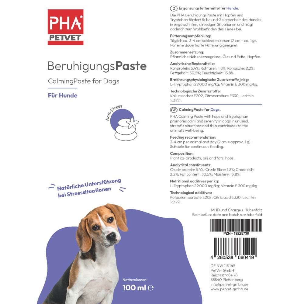 Produktbeschreibung. PHA PETVET BeruhigungsPaste für Hunde. Text in Deutsch und Englisch. 100 ml.
