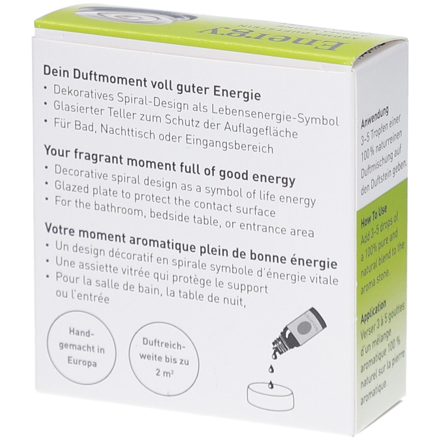 Verpackung Primavera® Aroma Duftstein Energy. Text: Dein Duftmoment voll guter Energie. Abbildung: Ölflasche und Duftstein.