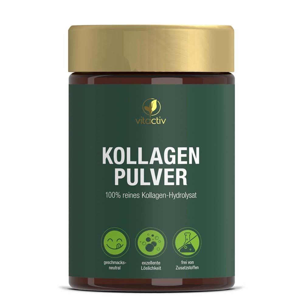 Pot vert avec couvercle doré. Inscription : Vitactiv Kollagen Pulver. 100% pur hydrolysat de collagène.