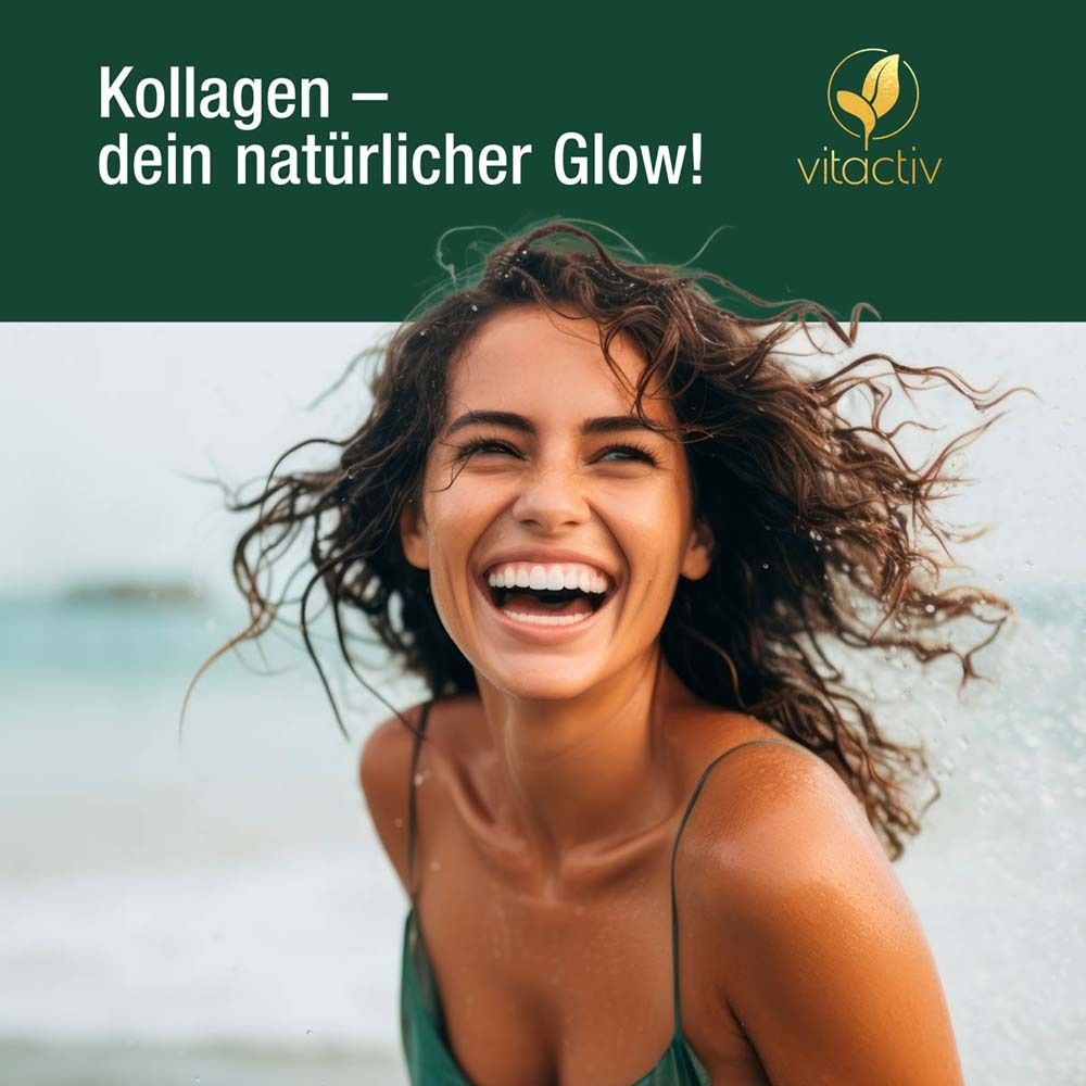 Femme souriante à la plage. Texte : Collagène – votre éclat naturel ! Logo : Vitactiv.