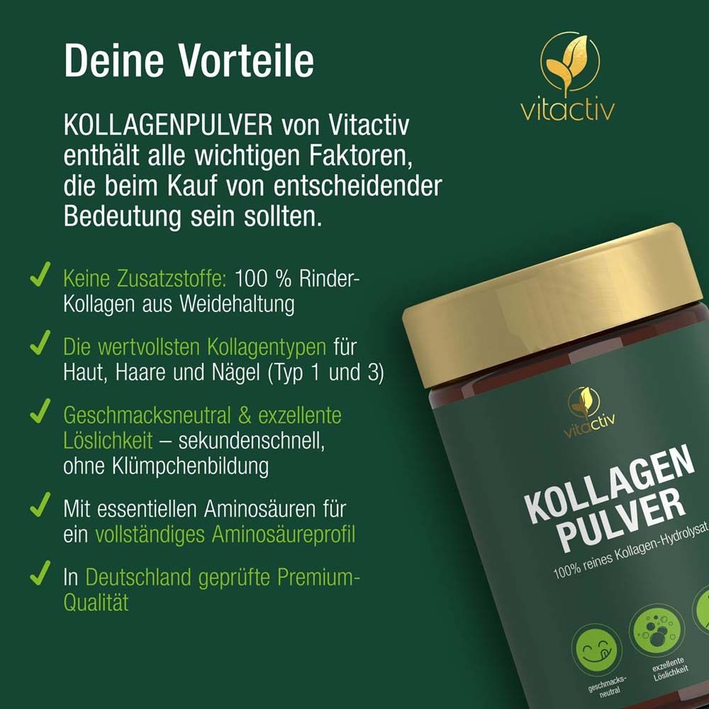 Pot de produit avec texte : Kollagen Pulver. Texte : Vos avantages. Logo : Vitactiv. Énumération des avantages.