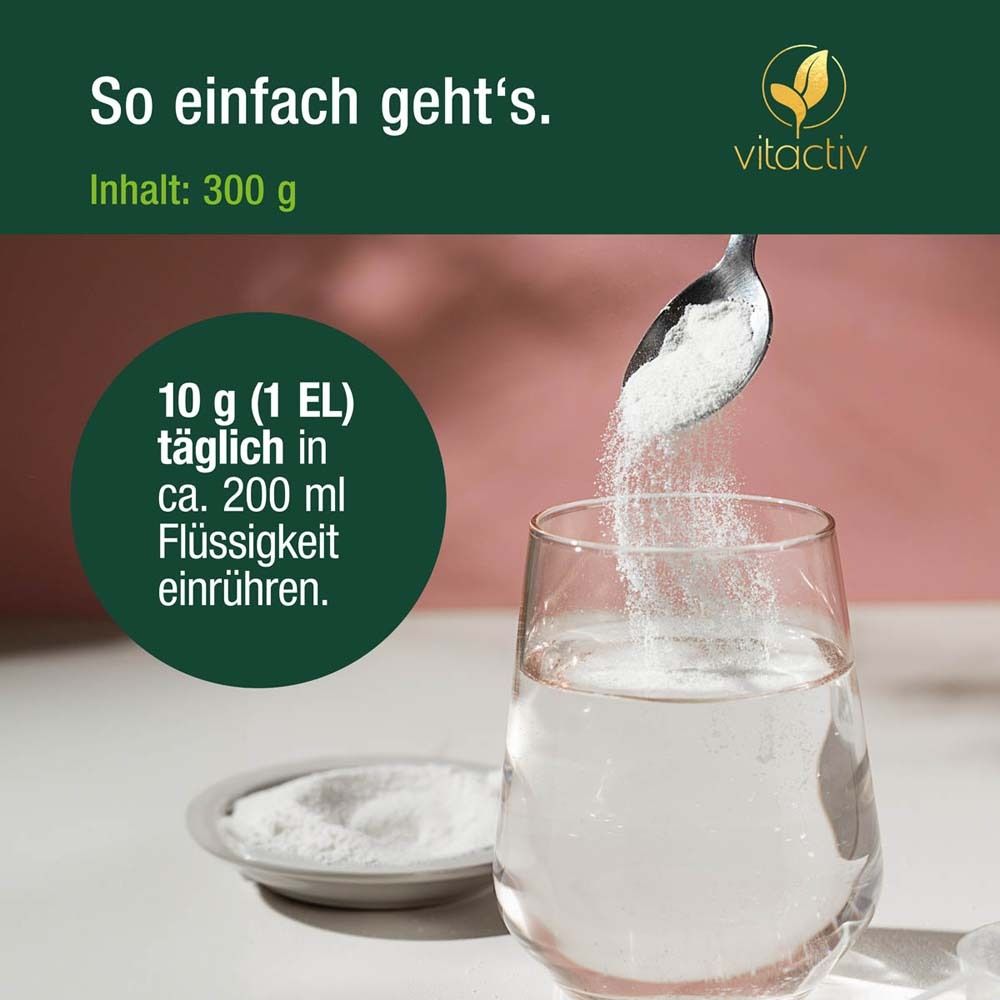 Verre avec liquide et poudre. Texte : C'est si facile. Contenu : 300 g. Logo : Vitactiv.
