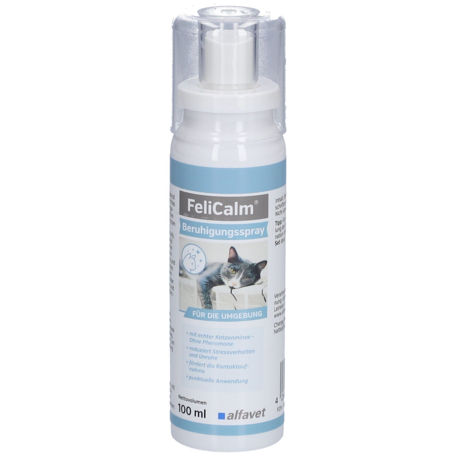 FeliCalm Beruhigungsspray Flasche mit Sprühkopf. Aufschrift: FeliCalm, Beruhigungsspray, für die Umgebung. Katze abgebildet.