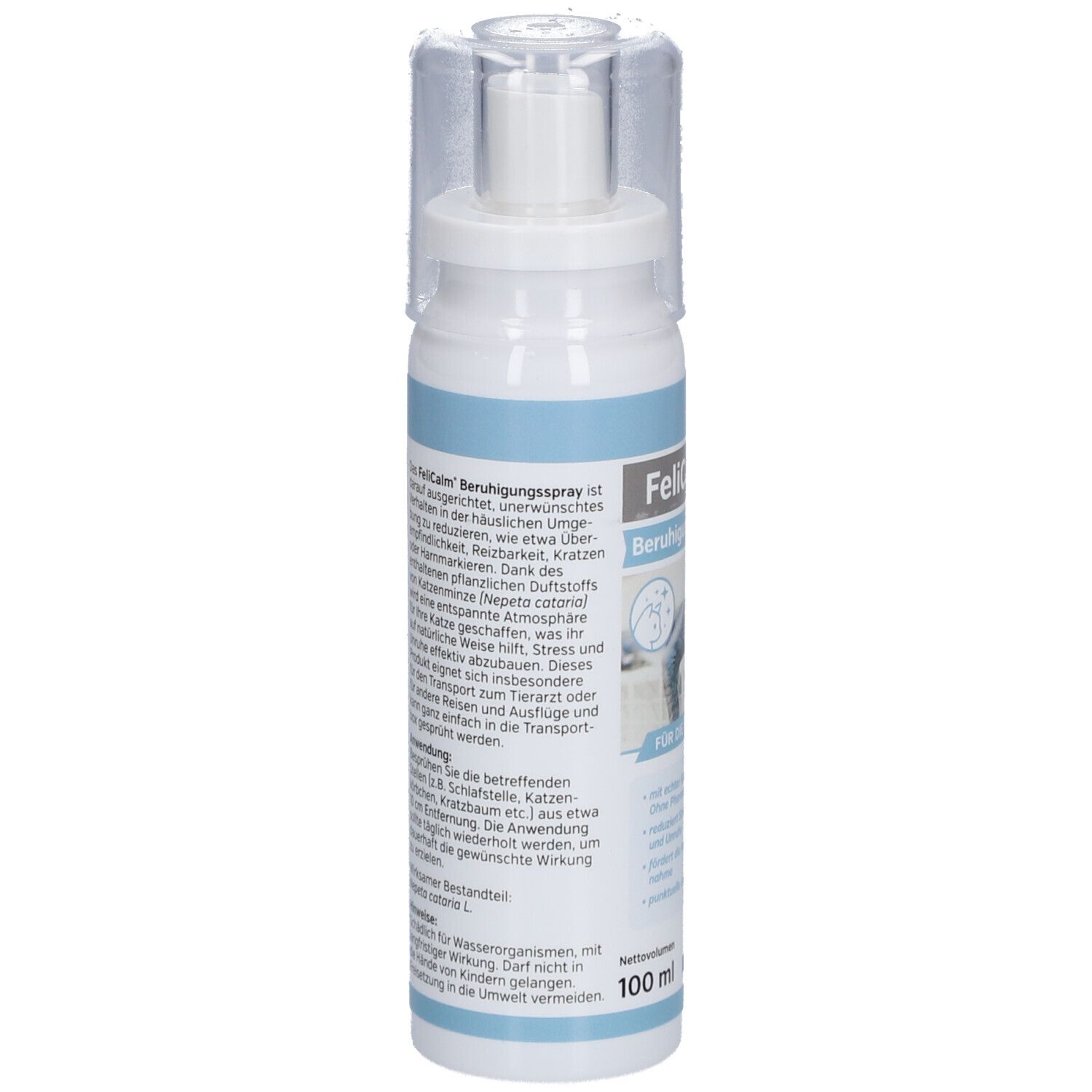 FeliCalm Beruhigungsspray Flasche. Text auf Deutsch. Enthält Informationen über die Anwendung und Inhaltsstoffe.