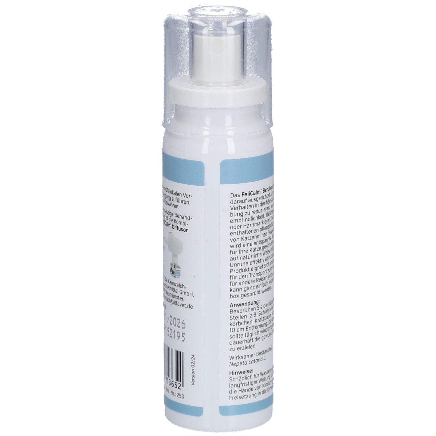 FeliCalm Beruhigungsspray Flasche. Rückseite mit Text. Enthält Informationen zur Anwendung und Inhaltsstoffen.