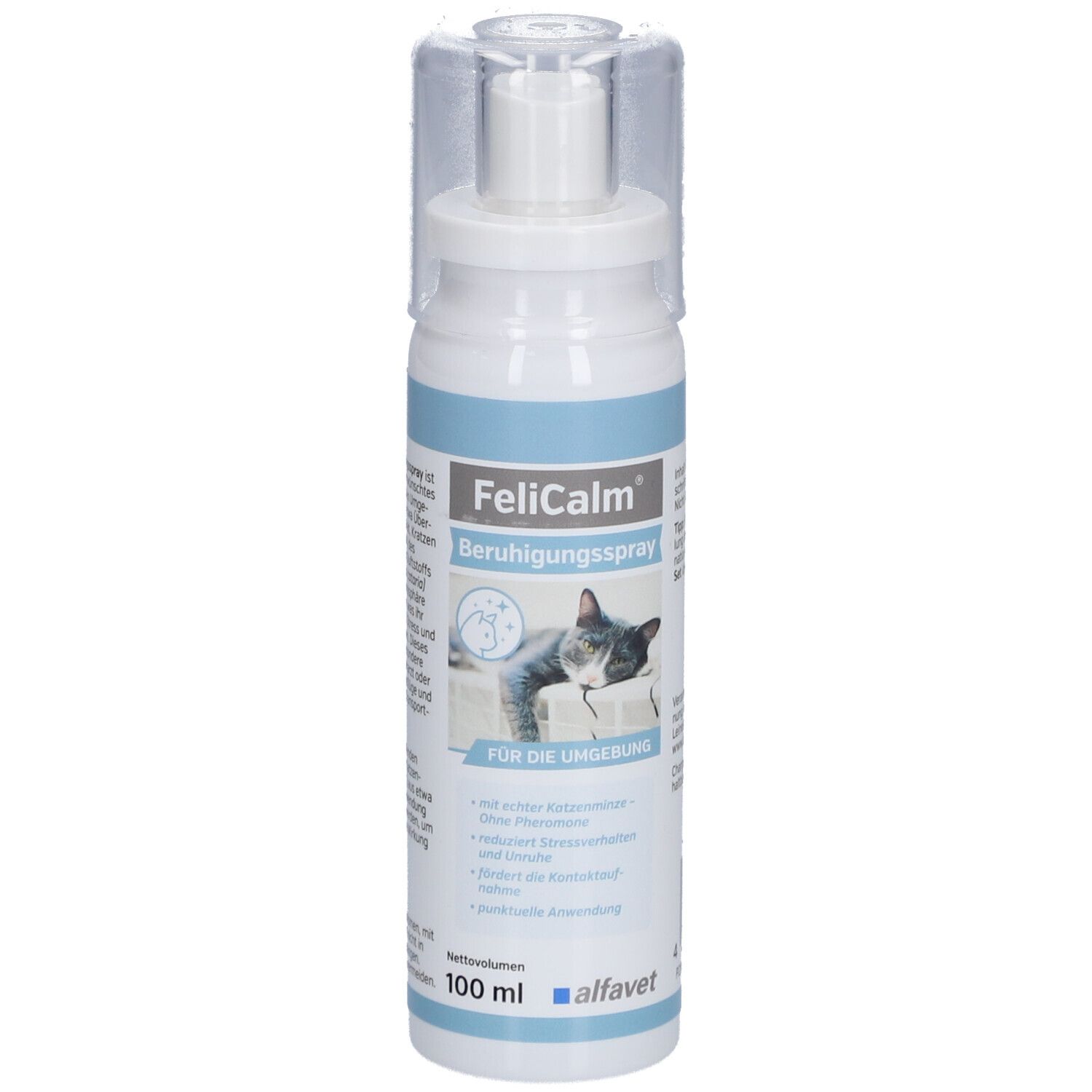 FeliCalm Beruhigungsspray Flasche mit Sprühkopf. Aufschrift: FeliCalm, Beruhigungsspray, für die Umgebung. Katze abgebildet.