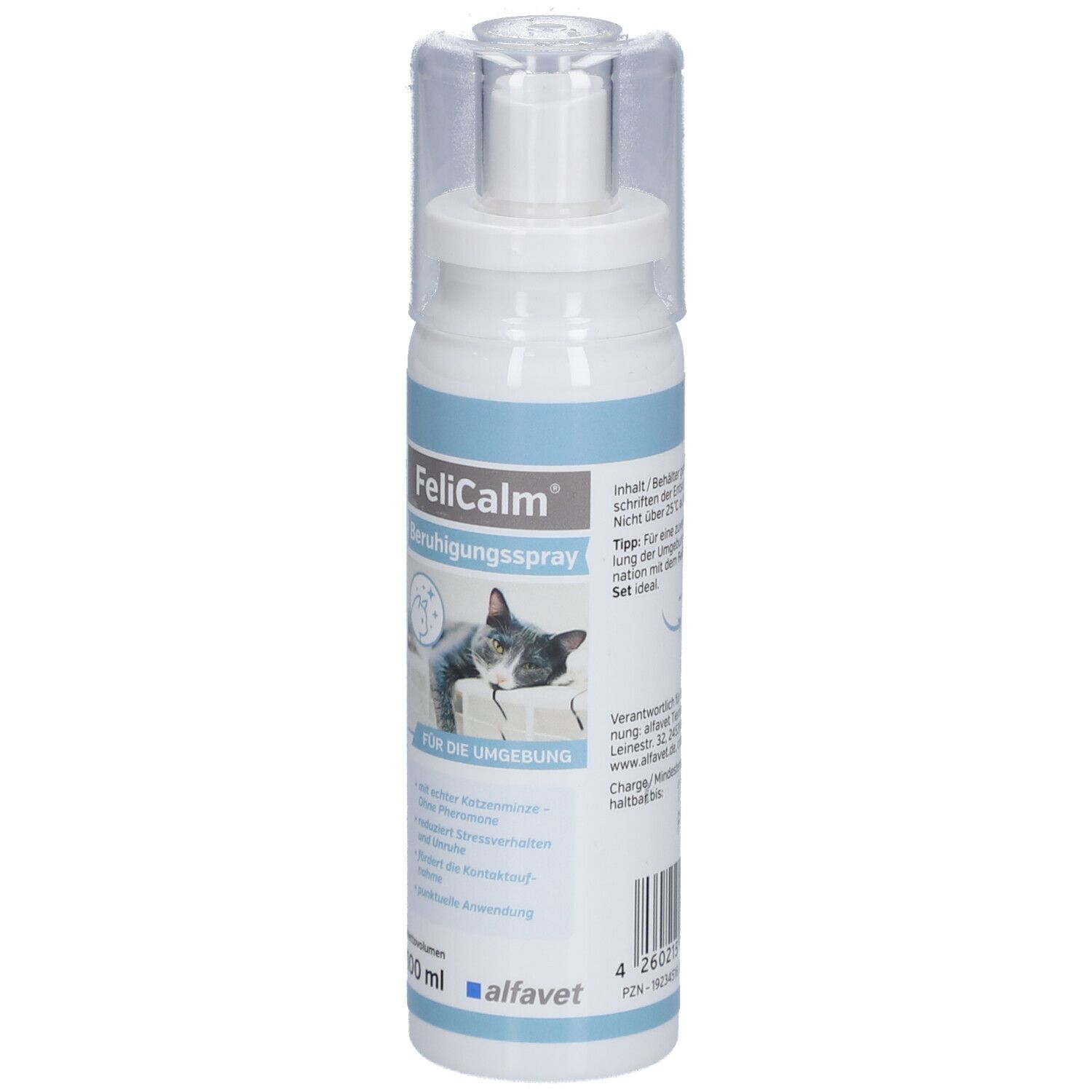 FeliCalm Beruhigungsspray Flasche mit Sprühkopf. Aufschrift: FeliCalm, Beruhigungsspray, für die Umgebung. Katze abgebildet.