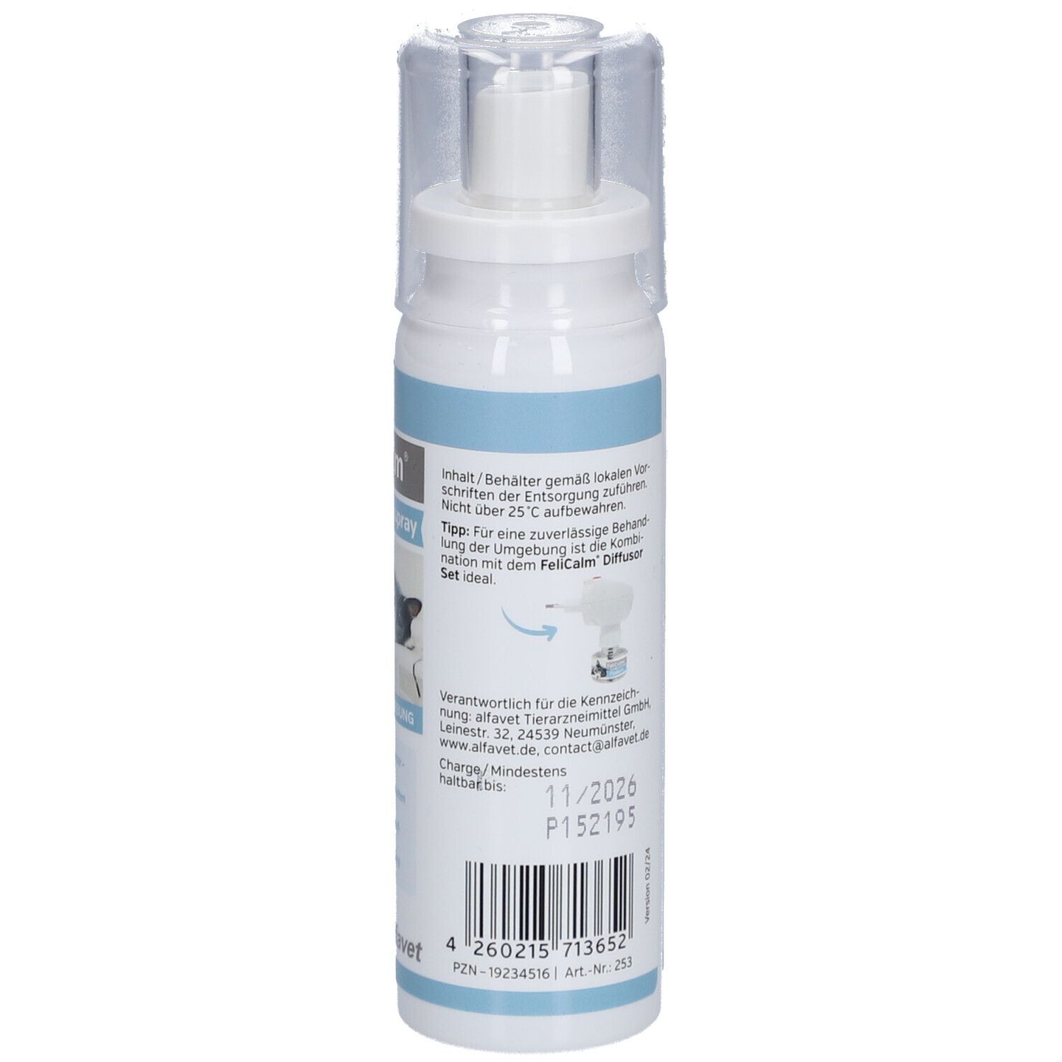 FeliCalm Beruhigungsspray Flasche. Rückseite mit Text. Enthält Informationen zur Anwendung und Inhaltsstoffen.