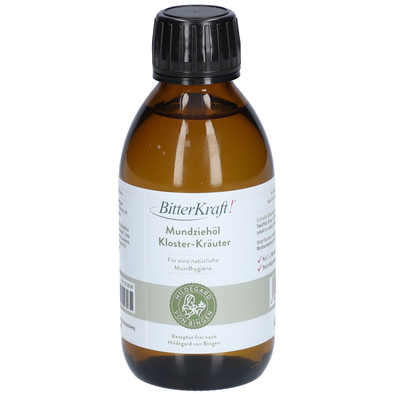 Braune Glasflasche mit schwarzem Deckel. Etikett mit Produktname und Logo. Text: Mundziehöl Kloster-Kräuter.
