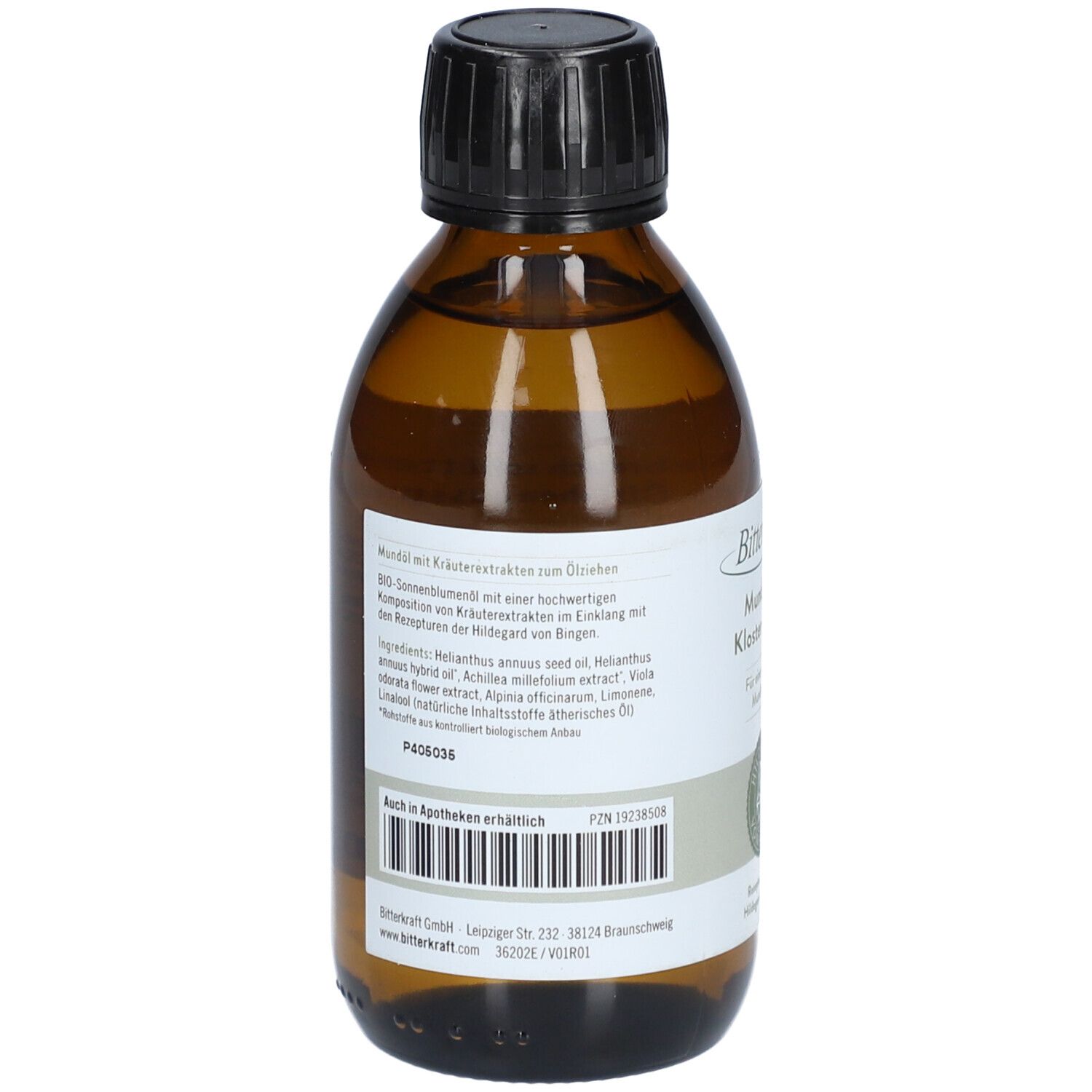 Braune Glasflasche mit schwarzem Deckel. Rückseite mit Etikett. Text: Inhaltsstoffe, Chargennummer, Herstellerinformationen.