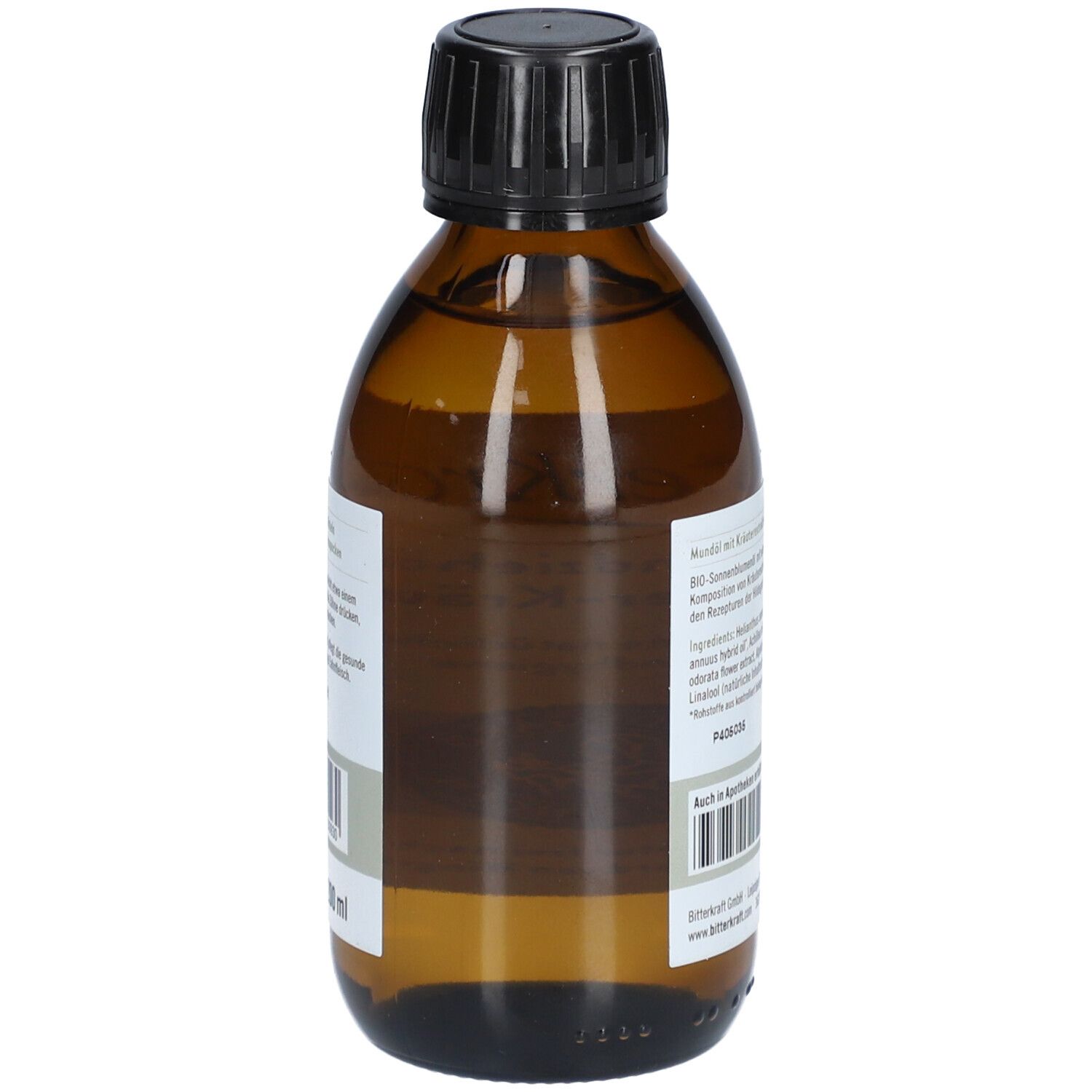 Braune Glasflasche mit schwarzem Deckel. Rückseite mit Etikett. Text: Chargennummer, Herstellerinformationen.